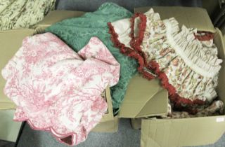 A Quantity of Assorted Modern Curtains, Modern Pink Tale Style Bed Cover, etc (2 boxes and loose)