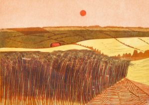 Robert Tavener (1920-2004) "Cornfield & Downs" Signed, inscribed and numbered 26/75, linocut, 55cm