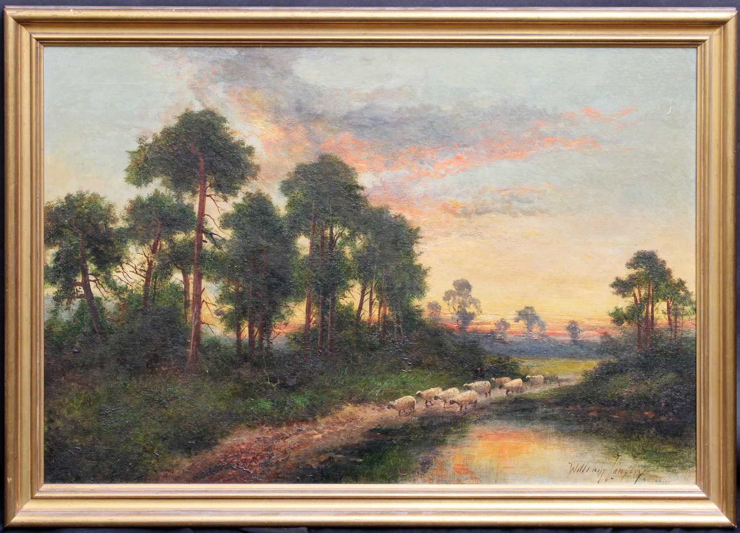 William Langley Sheep on the move at sunset Signed, oil on canvas, 39.5cm by 60cm Covered in a thick - Image 2 of 2