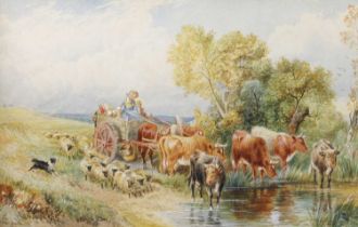 Vernon Foster (fl.1880-1920) Landscape cart with cows and sheep by stream Signed, watercolour,