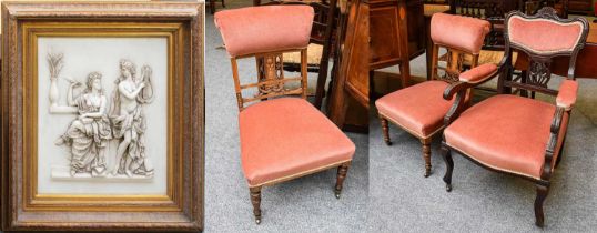 A Pair of Edwardian Upholstered Inlaid Nursing Chairs, and A Carved Mahogany Late Victorian Open