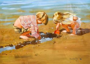 John Haskins (b.1938) The artist's children playing on the beach Signed, oil on board, 28.5cm by