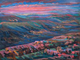 Mary Lord (b.1931) ''Dawn'' Signed, inscribed to artist's label verso, oil on board, 74cm by 97cm