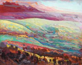 Mary Lord (b.1931) ''Green Valley'' Signed, inscribed to artist's label verso, oil on board, 60cm by