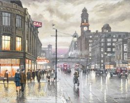 Steven Scholes (b.1952) "Oxford Road, Manchester, 1958" Signed, oil on canvas, 39cm by 49cm Hole