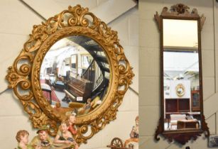 A Reproduction Gilt Framed Convex Mirror, 87cm diameter, A George III Style Fretwork Mirror, 43cm by