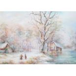 B*Alexandre Winter landscape with two figures conversing Signed oil on board, 26cm by 37cm