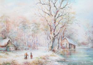 B*Alexandre Winter landscape with two figures conversing Signed oil on board, 26cm by 37cm