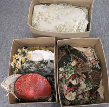 Assorted Textiles comprising crochet edging and lengths, unfinished woolwork sample pictures, 19th