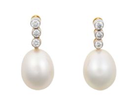 A Pair of Cultured Pearl and Diamond Drop Earrings three round brilliant cut diamonds in white