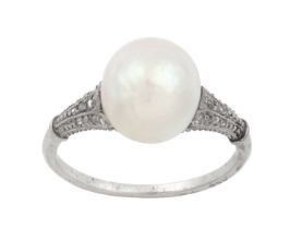 A Pearl and Diamond Ring the pearl sat centrally to fluted shoulders set throughout with rose cut