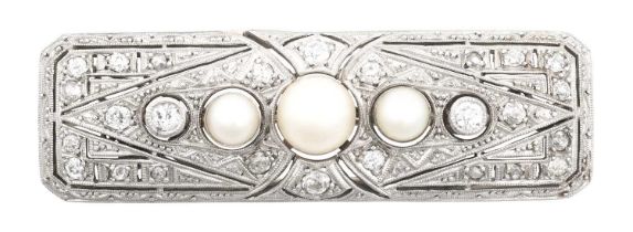 An Art Deco Pearl and Diamond Brooch three graduated pearls flanked by old cut diamonds, to an