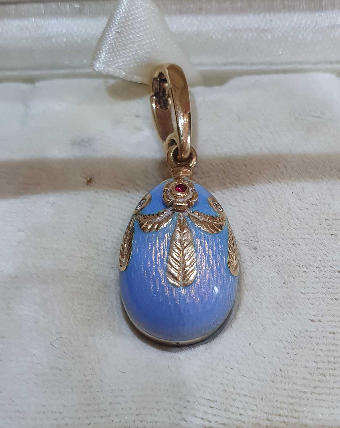 An Enamel Egg Pendant, by Victor Mayer for Fabergé enamelled front and back in blue, with a yellow - Image 3 of 7