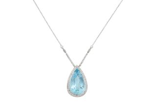 An Early 20th Century Aquamarine and Diamond Necklace the pear cut aquamarine in a white rubbed over