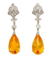 A Pair of Citrine and Diamond Drop Earrings the fan motif set throughout with eight-cut diamonds,