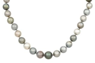 A Tahitian South Sea Cultured Pearl Necklace the thirty-one vari-coloured Tahitian South Sea