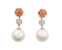 A Pair of 18 Carat White Gold Cultured Pearl, Citrine and Diamond Drop Earrings a cluster of round
