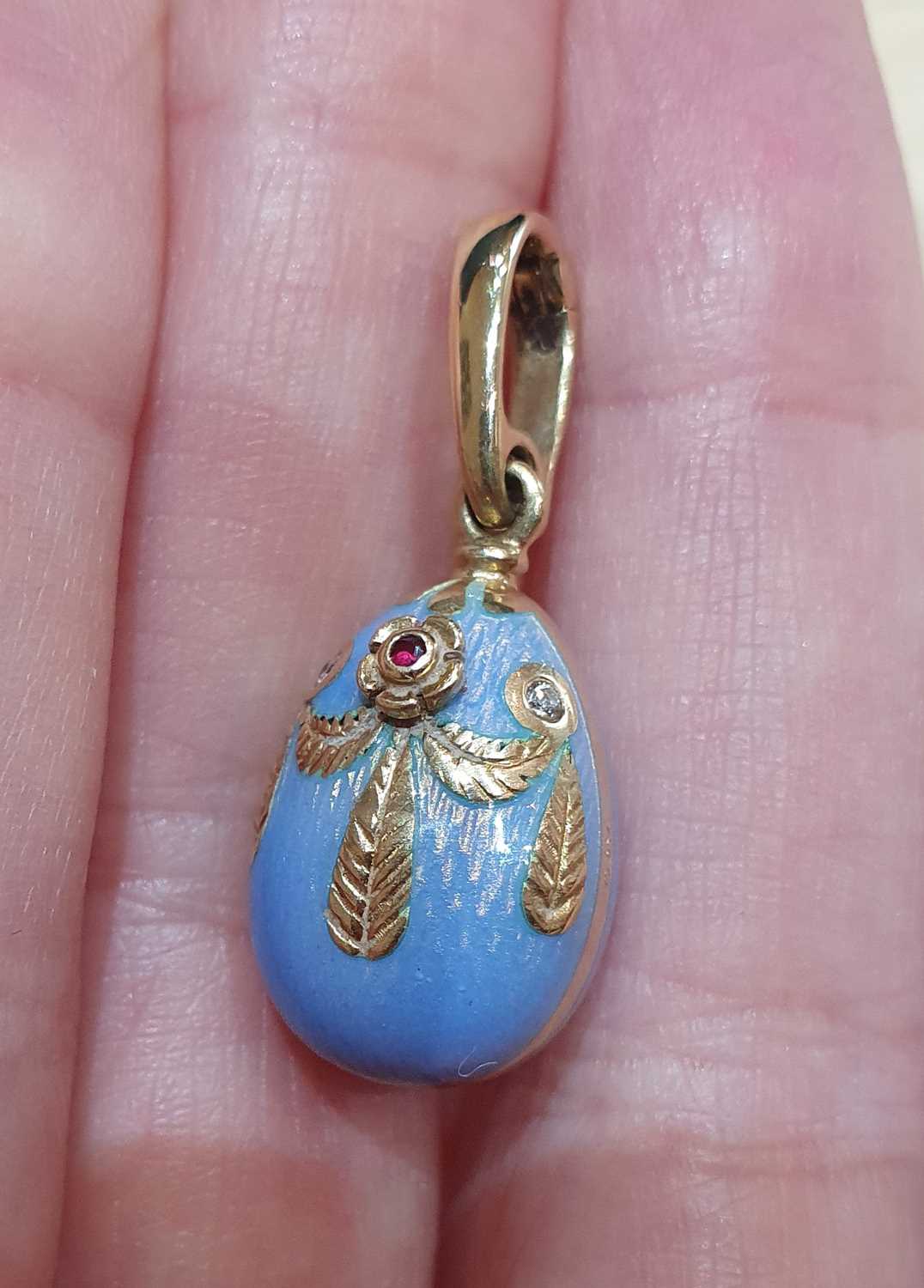 An Enamel Egg Pendant, by Victor Mayer for Fabergé enamelled front and back in blue, with a yellow - Image 4 of 7