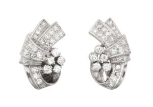 A Pair of Mid 20th Century Diamond Spray Earrings the scroll forms set throughout with round