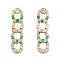 A Pair of Emerald and Diamond Drop Earrings the round brilliant cut diamond surmounts four horseshoe