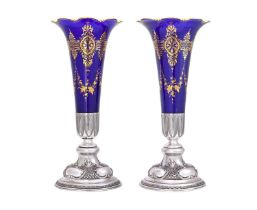 A Pair of German Silver-Mounted Gilt-Heightened Blue Glass Vases, Maker's Mark a Lion Rampant, Prob