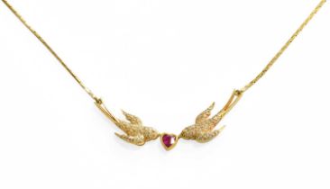A Pink Sapphire and Diamond Necklace, realistically modelled as two swallows, to a brick link chain,