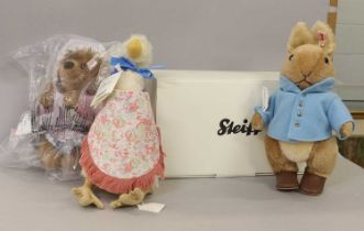 Modern Steiff Soft Toys of Mrs Tiggy Winkle, Jemima Puddle Duck and Peter Rabbit with Carrot, all