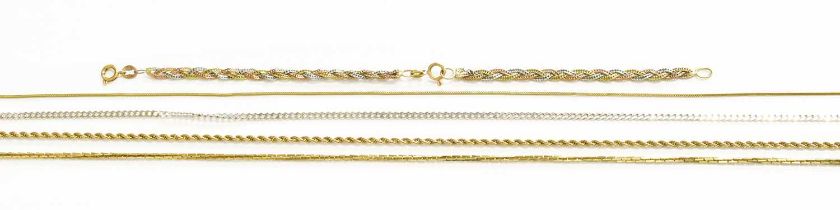 A 9 Carat White Gold Flat Curb Link Necklace, length 51cm; Two Further 9 Carat Gold Necklaces, of