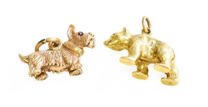 Two 9 Carat Gold Charms, in the form of a bear and a dog, length 2.3cm and 1.9cm respectively