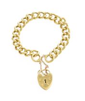 A 9 Carat Gold Curb Link Bracelet, with a 9 carat gold heart shaped padlock clasp, length 18.8cm