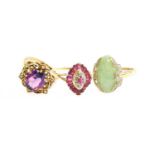 A 9 Carat Gold Jade and Diamond Cluster Ring, finger size T; A 9 Carat Gold Synthetic Sapphire and