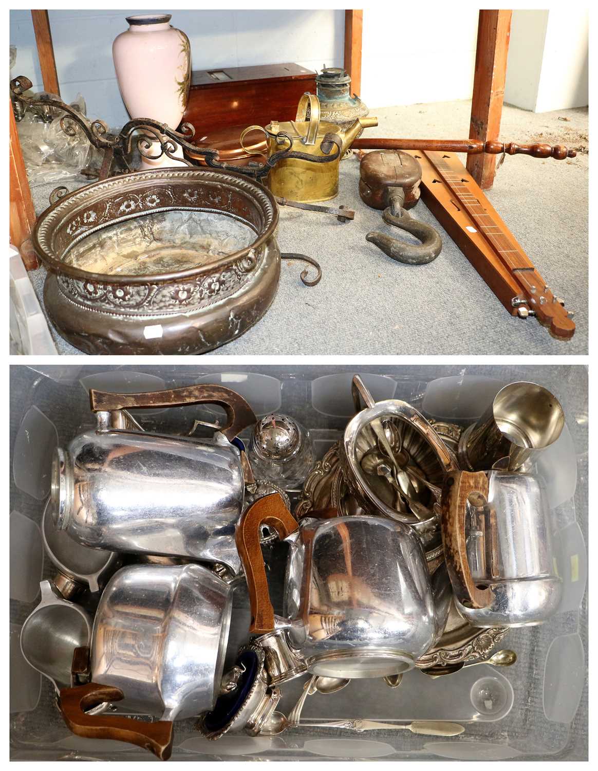 A Selection of Silver Plate, Picquot tea set, single drawer till, a wrought iron Jardiniere, an