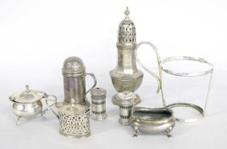 A Collection of Assorted Silver Condiment-Items, including a George II style pepperette; an