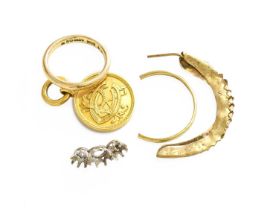 A 9 Carat Gold Band Ring, finger size L1/2; A 9 Carat Gold Medallion, length 2.9cm; A Ring Shank and