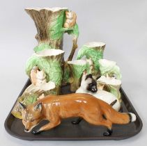 Beswick Siamese Cat; together with a fox and a collection of Withernsea pottery Fauna jugs and vases