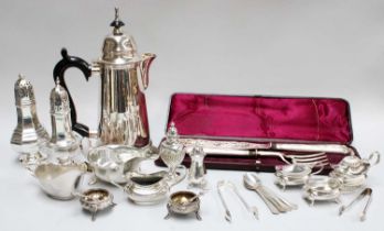 A Collection of Assorted Silver and SIlver Plate, the silver including a sauceboat; a caster; a pair