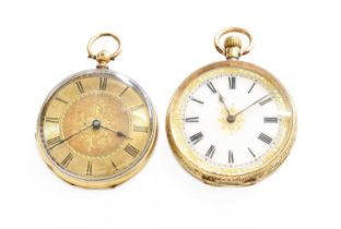 Two Lady's 18 Carat Gold Fob Watches, both cases stamped 18k, (2) Key wind fob watch- not marked