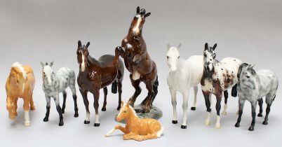 Beswick "Rearing Welsh Cob", model No. 1014, brown gloss, "Stocky Jogging Mare", palomino gloss,