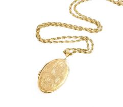 A 9 Carat Gold Locket on Chain, the oval engraved locket on a rope twist chain, locket measures 4.