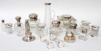 A Collection of Assorted Silver-Mounted Glass Items, including a spiral-fluted whiskey-tot; an