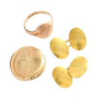 A 9 Carat Gold Signet Ring, finger size P; A Pair of Cufflinks, stamped ‘15’, the oval plaques