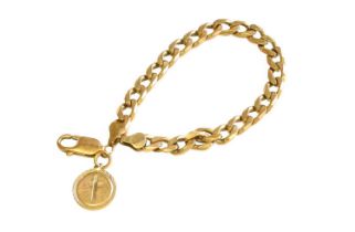 A Flat Curb Link Bracelet, stamped '9K', suspending a 9 carat gold charm, length 18.4cm Gross weight