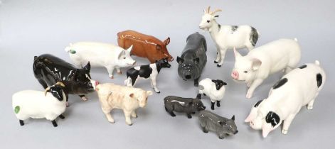 Beswick Farmyard Models, including pigs, sheep, goat, Charolais calf, and a Friesian calf in matte