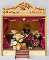 A Steiff "2000 Greeting the Millennium" Bear Bandstand, and five bears playing instruments, wind