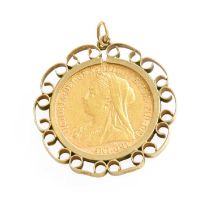 A Sovereign Pendant, dated 1900, length 3.4cm Mount hallmarked 9 carat gold. Gross weight 10.6