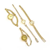 Three lady's 9 carat gold wristwatches and a lady's plated wristwatch signed Bucherer, (4)