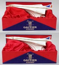 Two Gautier White Concorde Decanters, by Limoges, in original boxes, lack alcohol contents.