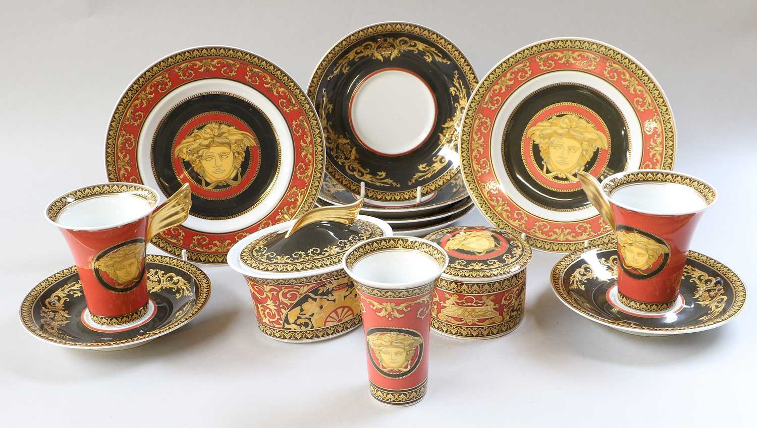 Rosenthal for Versace, Medusa pattern two coffee cups and saucers, four further saucers, two side