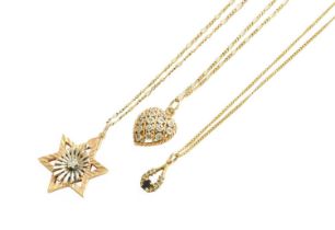 Three Diamond Pendants on Chains, of varying designs and sizes, including a heart motif and a star