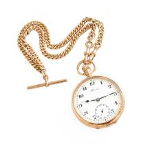A 9 Carat Gold Open Faced Pocket Watch, signed Record, together with a 9 Carat Gold Curb Link
